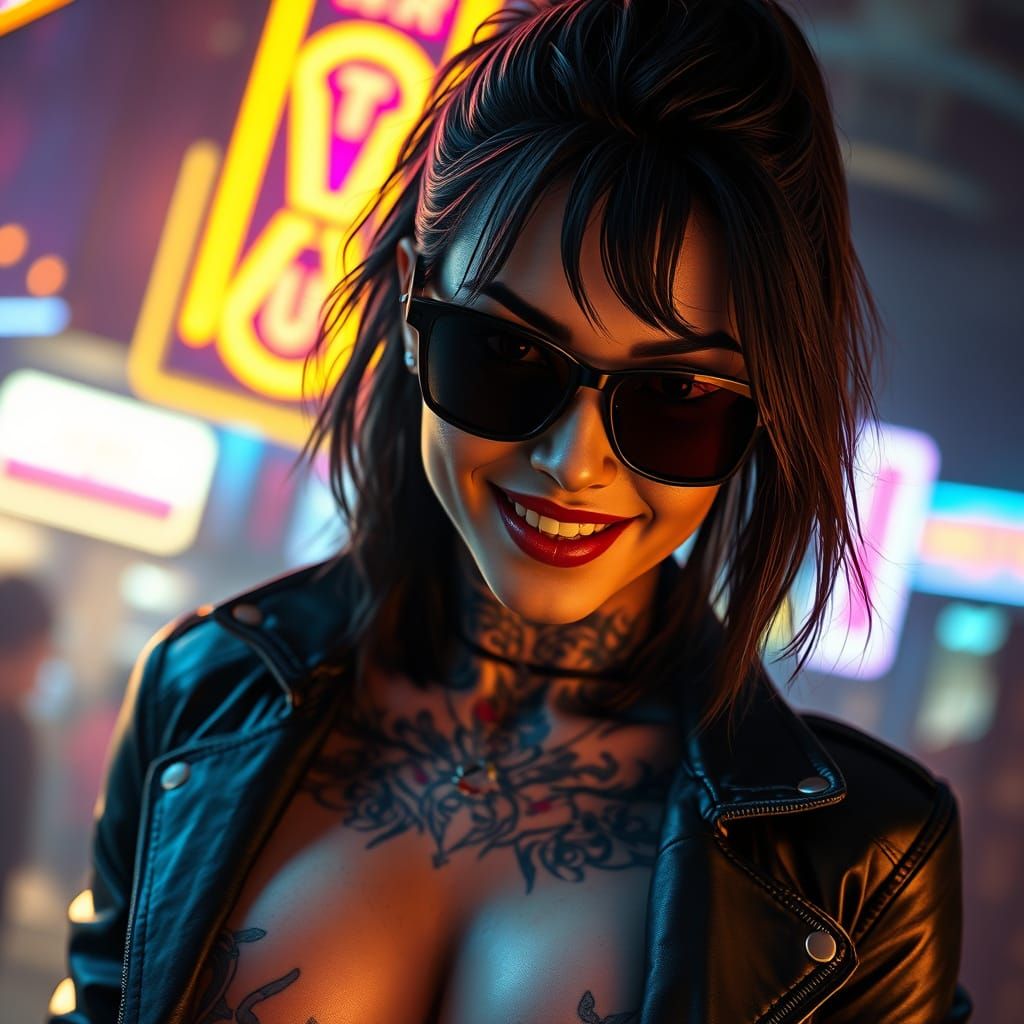 Epic Portrait of a Confident Female Assassin in Neon-Lit Spl...