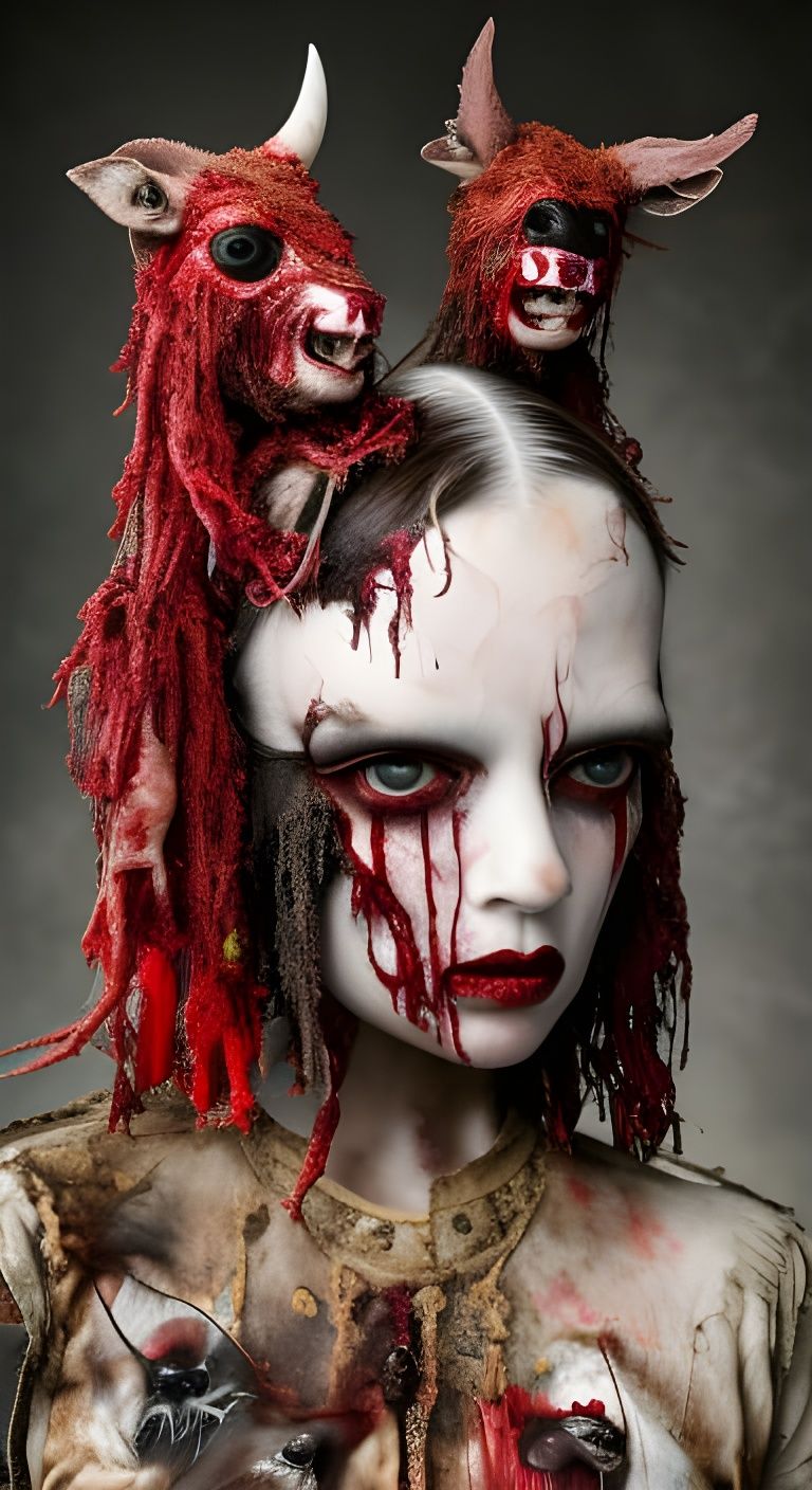 Severed animal head wearing creepy cult member portrait