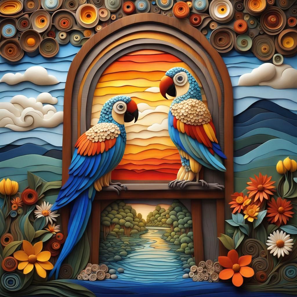Exotic Parrot in Stained Glass Folk Art Style