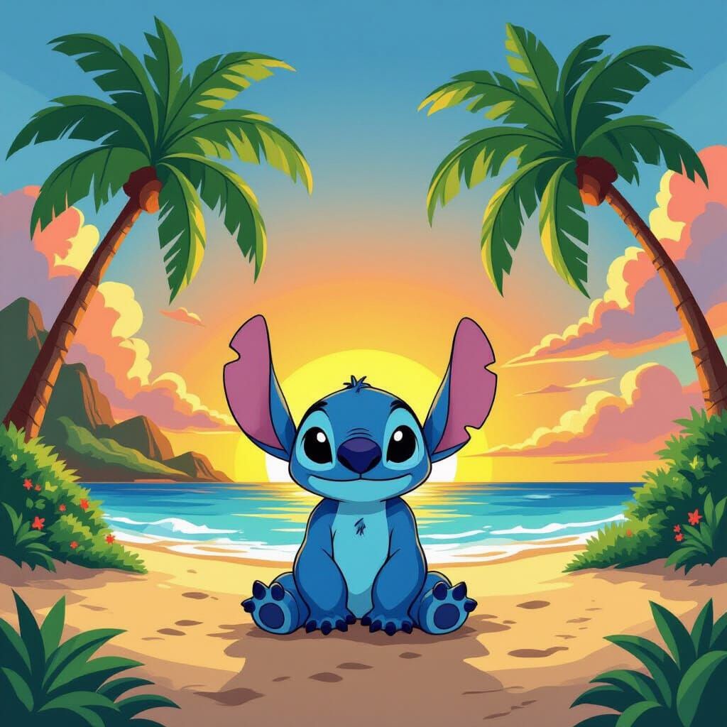 Stitch on Hawaiian Beach in Disney Style