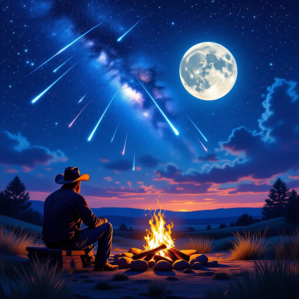 Cowboy Watches Meteor Shower Under Full Moon