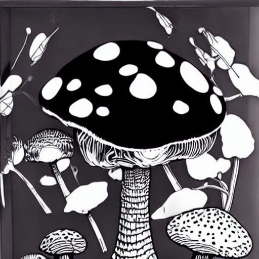 Fly Agaric Mushrooms in Black and White Linocut Style