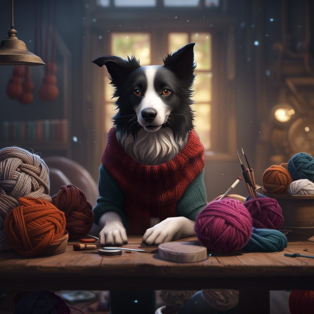 Border Collie Knitting: Dark Fantasy Art