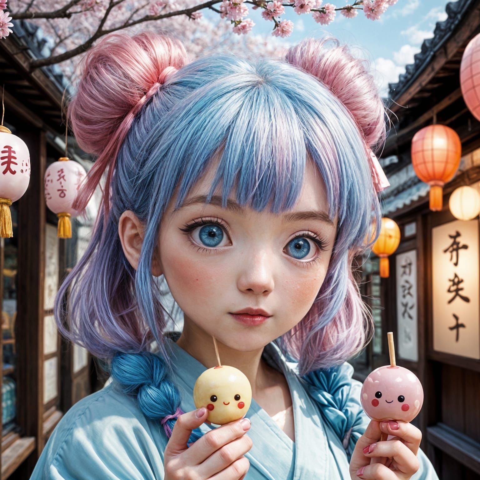 Surreal Anime Goddess with Pink Hair and Dango