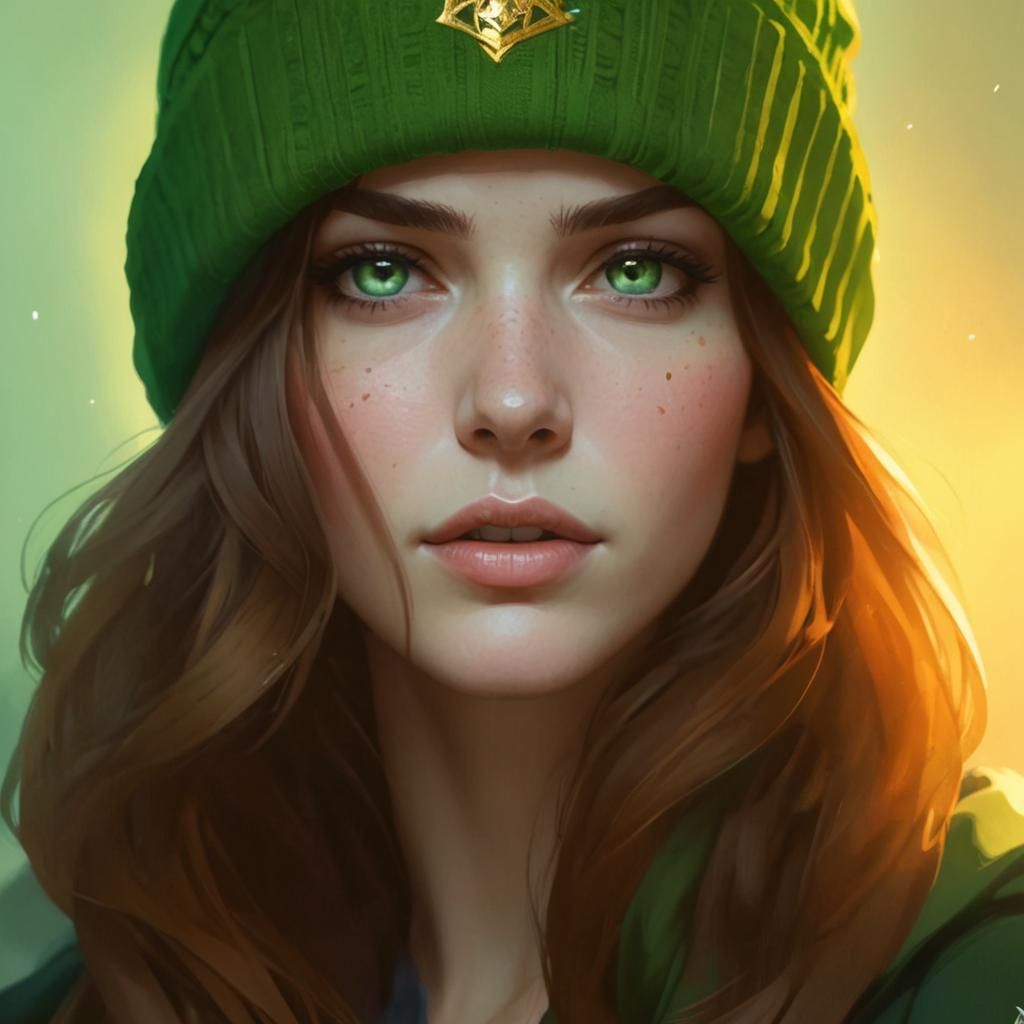 Brunette with Beanie, Hyperdetailed Portrait in Splash Art S...