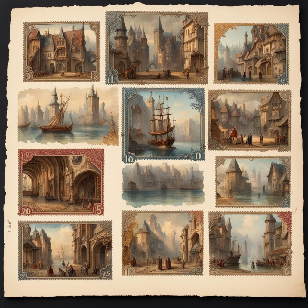 Medieval Stamps on Sheet in Watercolor Style