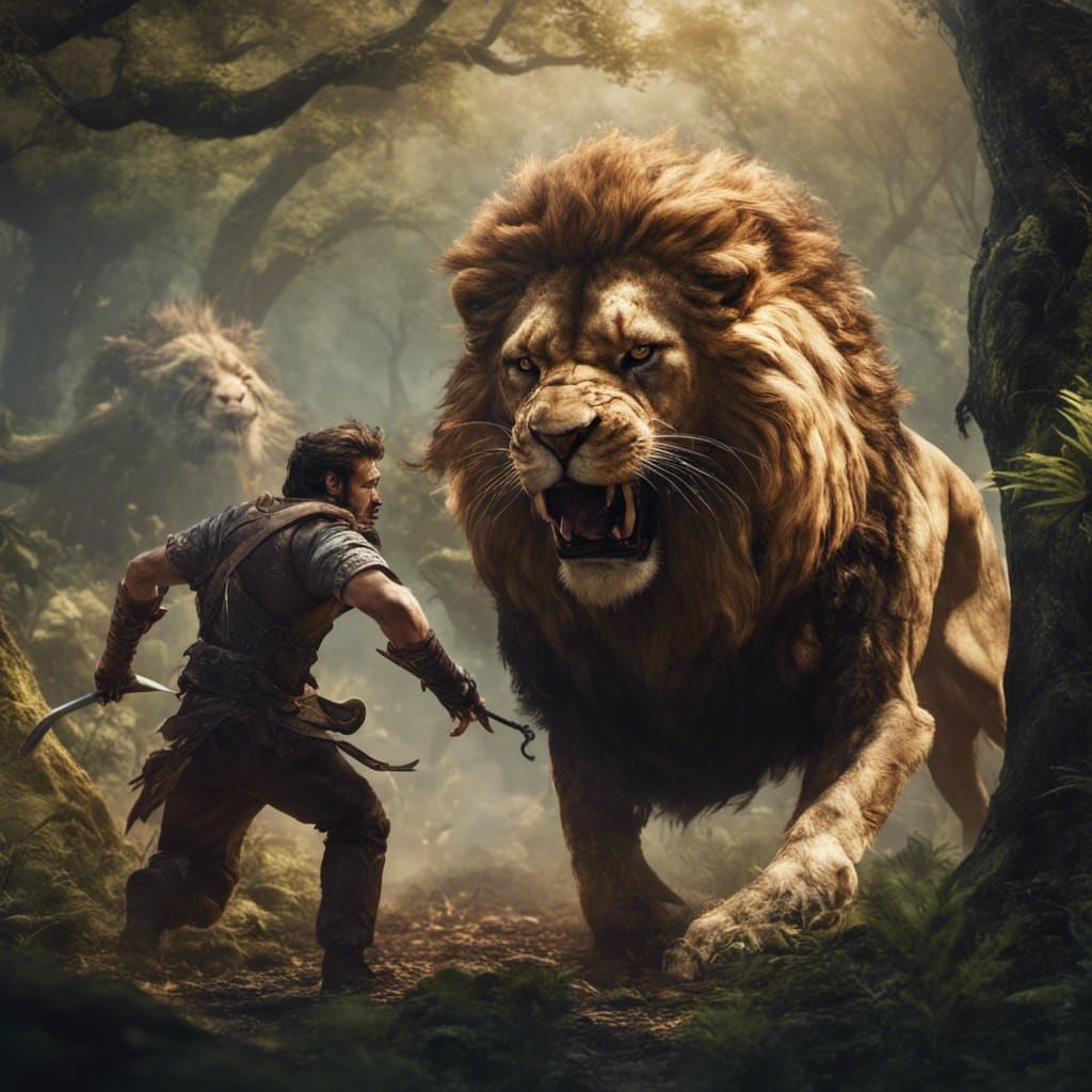 Man Versus Lion in Forest: Detailed Matte Painting