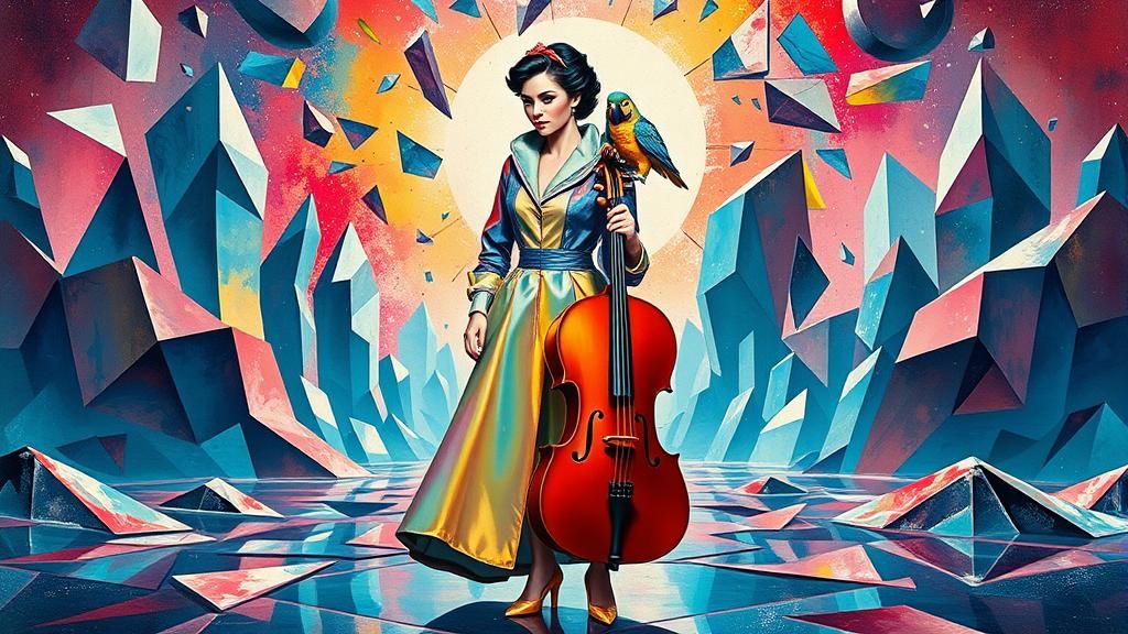 Futuristic Snow White with Parrot in Cubist Landscape