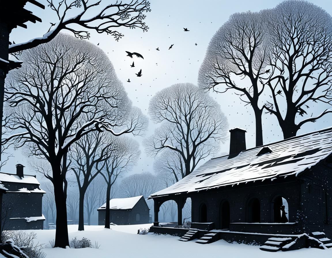 Snowy Industrial Ruins Silhouettes in Whimsical Style
