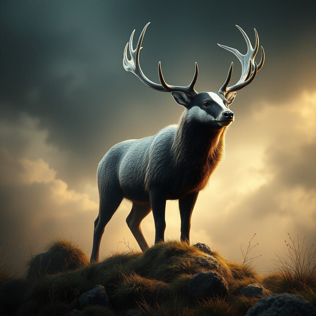 Epic Elk-Badger Hybrid in Dramatic Digital Landscape