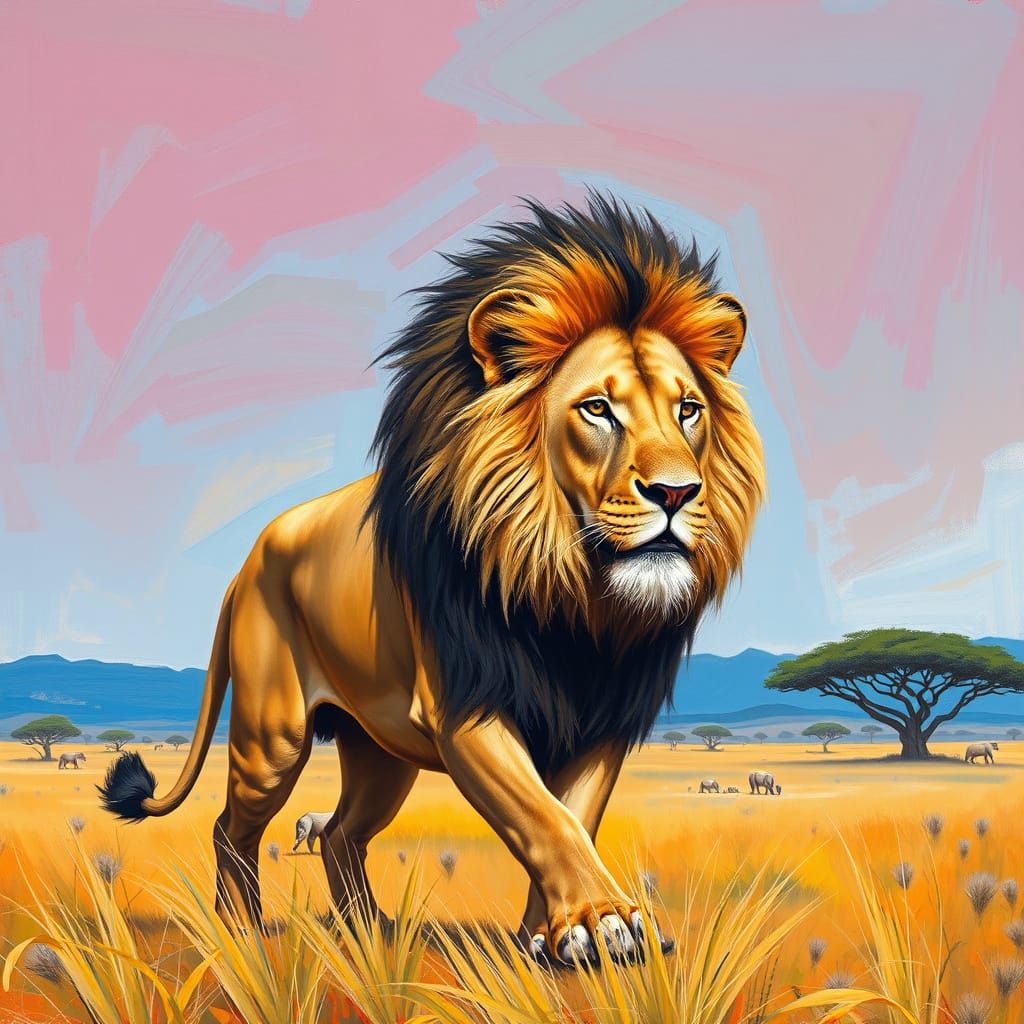 Majestic Lion Roaming Savannah, Rousseau-Basquiat Style