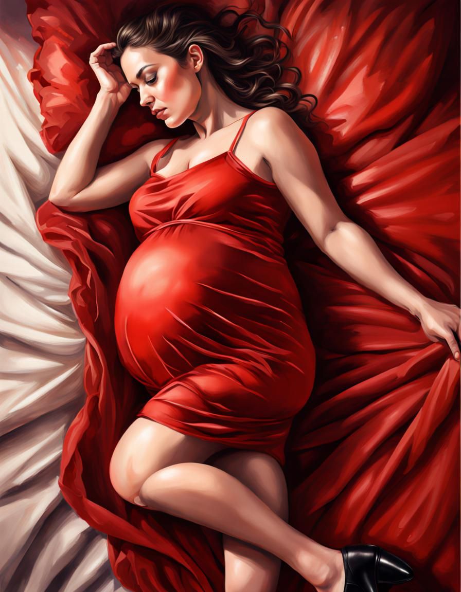 Hyperrealistic Pregnant Woman in Red Dress