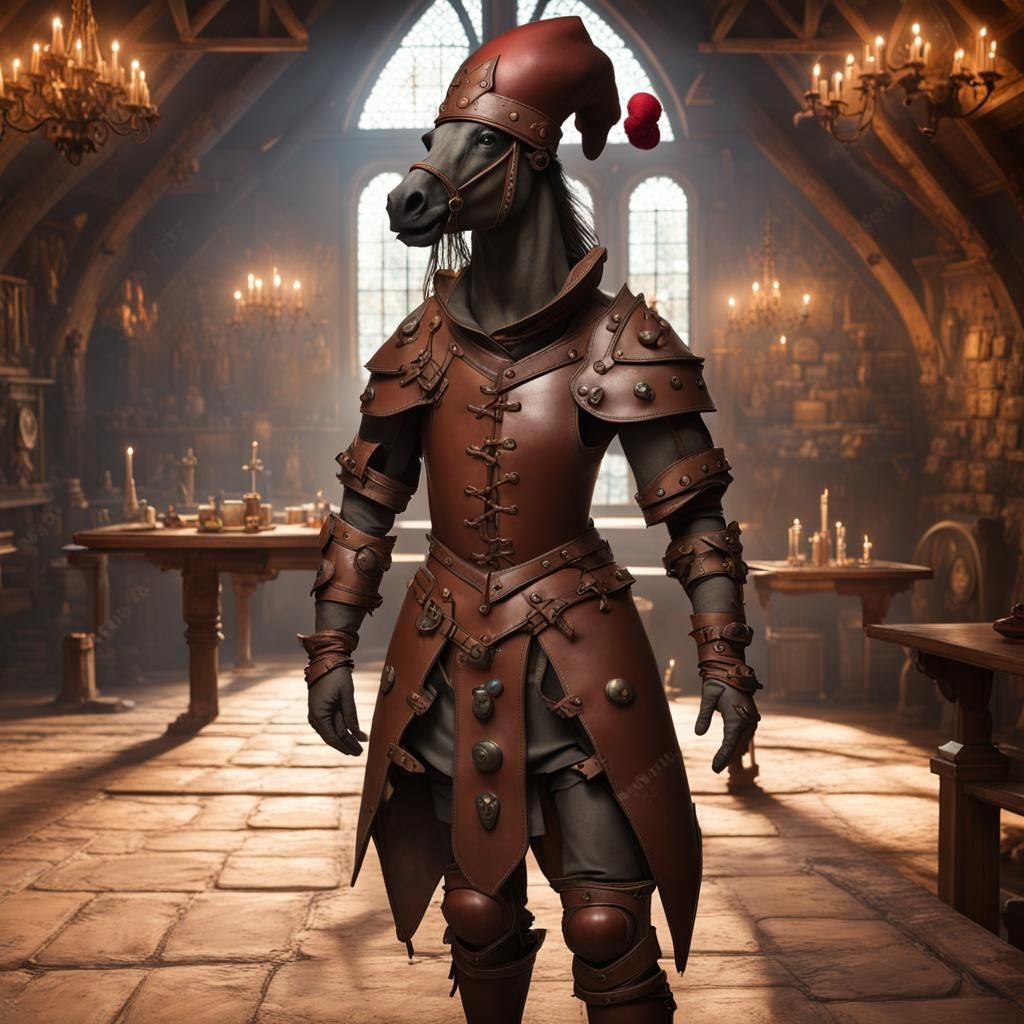 Hybrid Horse-Head Jester Juggling in Medieval Inn