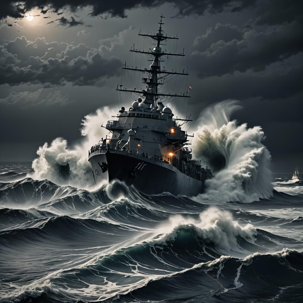 Navy Ship Engulfed by Ocean Wave at Night