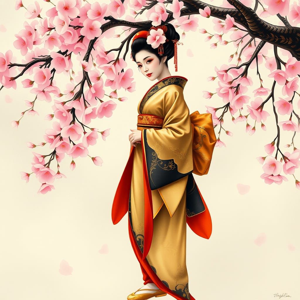 Geisha Under Cherry Blossoms in Art Nouveau Style