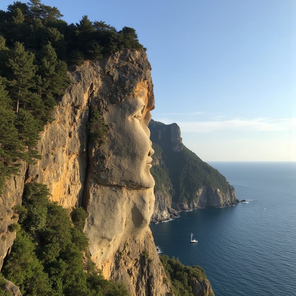 Woman's Face Carved into Mountain Overlooking the Ocean