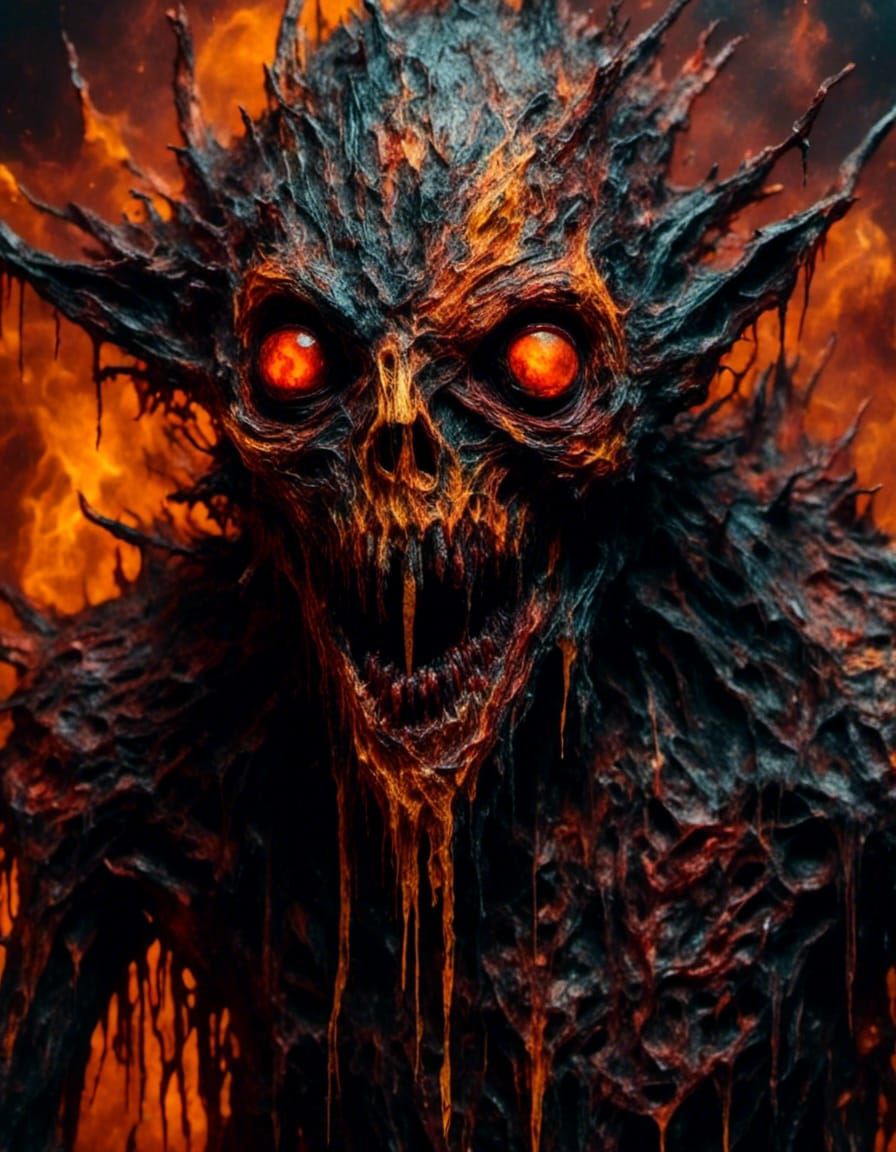 <lora:Eerie Vibes:1.0> "Yellow frosted eyes, screaming crimson skin of <voodoo:1.2>. Acid curse." Oil on canvas firey; Z...