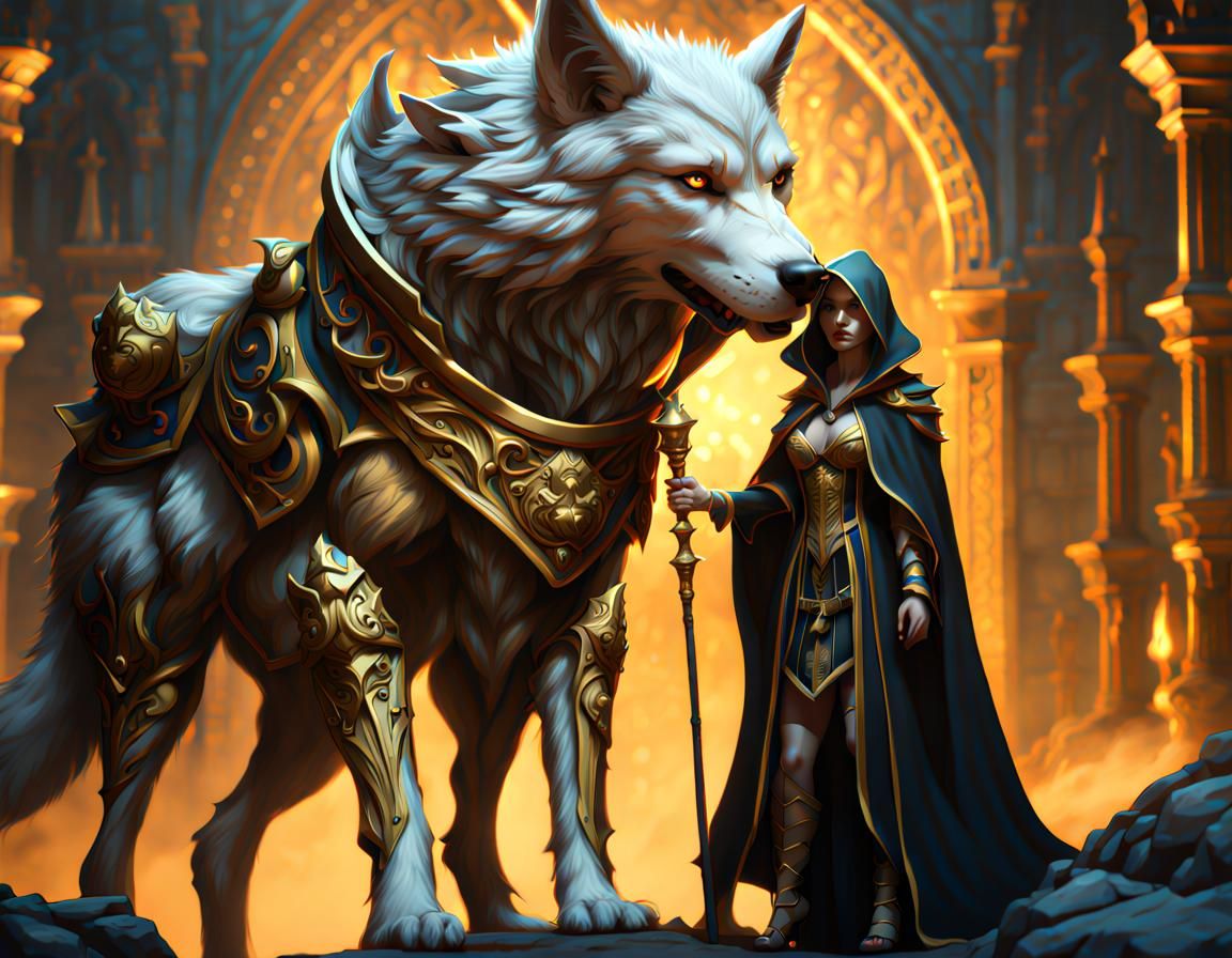 Sorceress Surrounded by Armored Wolves, Detailed Matte Paint...