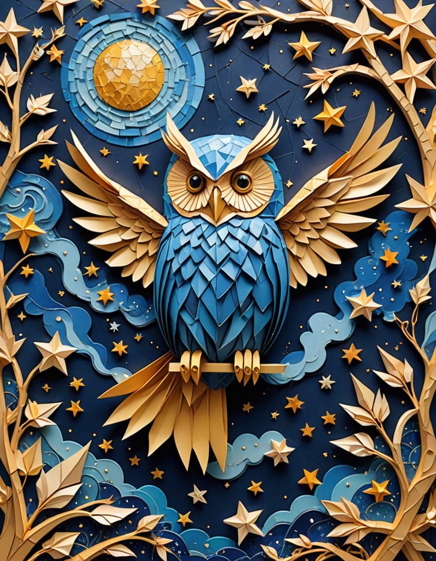 Origami Owl Soars Through Starry Night Sky in Whimsical Pape...
