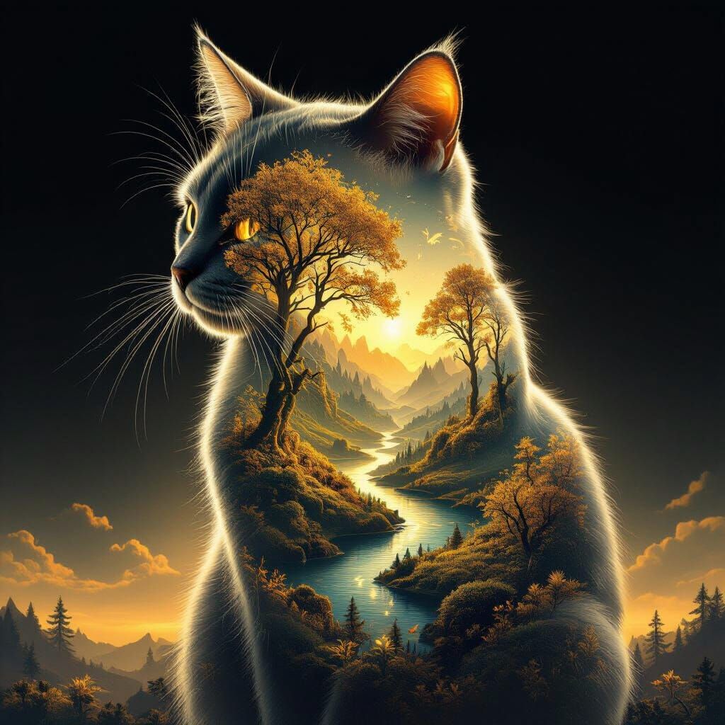 Ethereal Cat Double Exposure with Golden World
