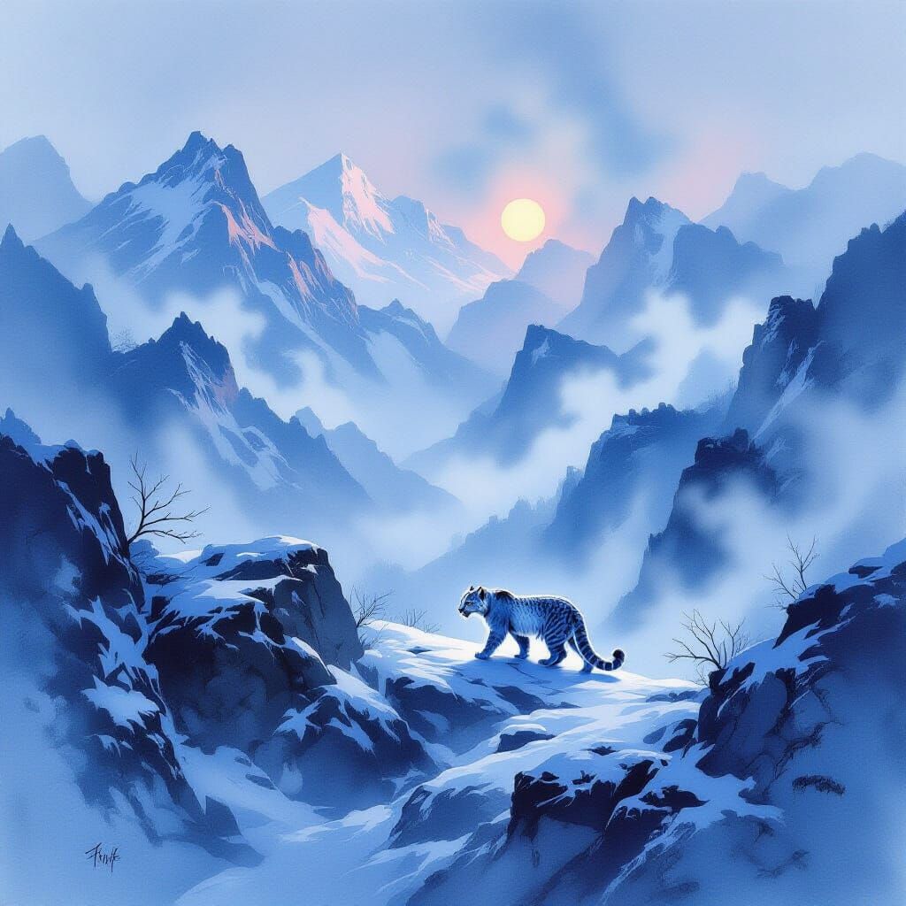 Snow Leopard in Misty Himalayan Pass, Sumi Ink Style