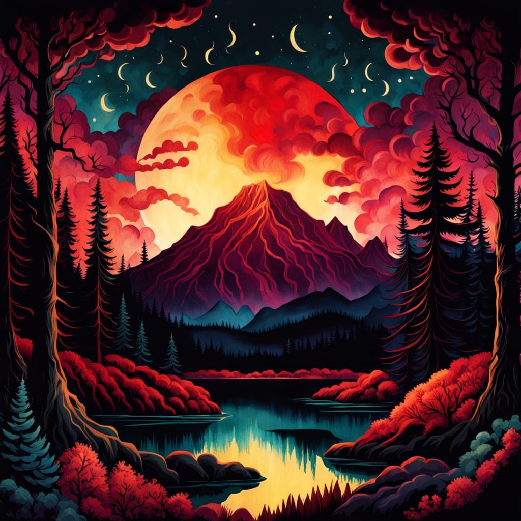 Dark Surreal Forest Scene in Vintage Watercolor Style