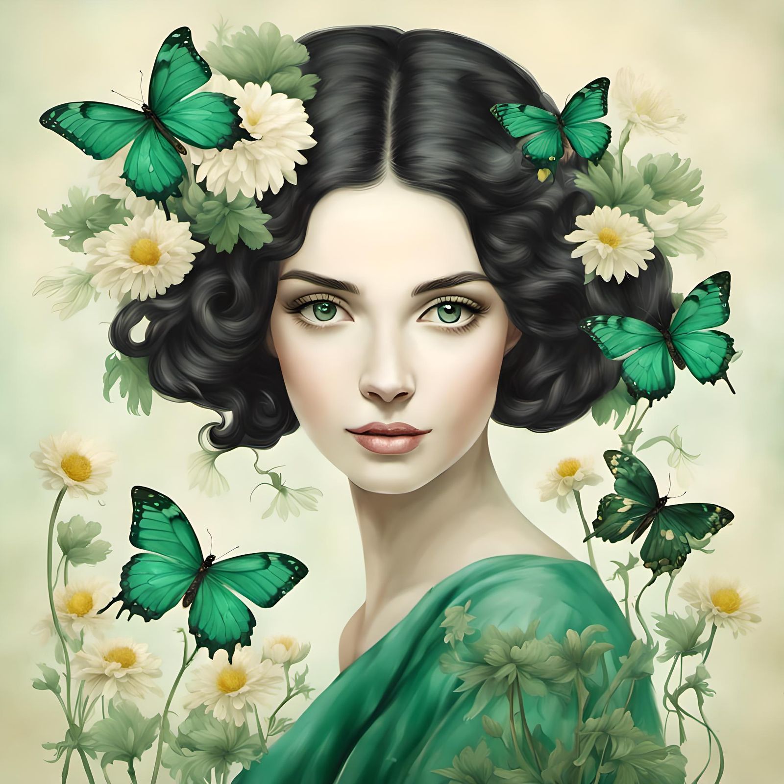 Charming Dark Hair Woman with Chrysanthemum and Emerald Butterflies