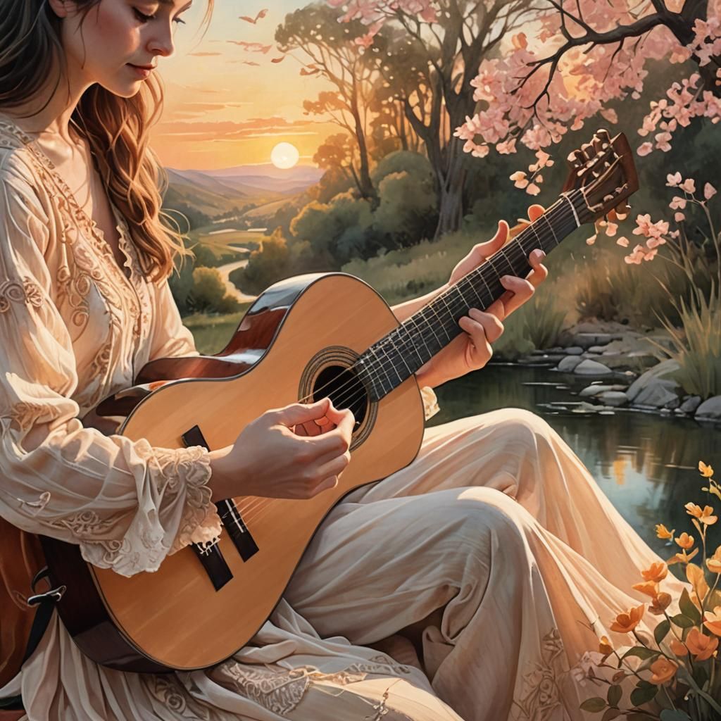 Delicate Hands Play Guitar in Sunset Light