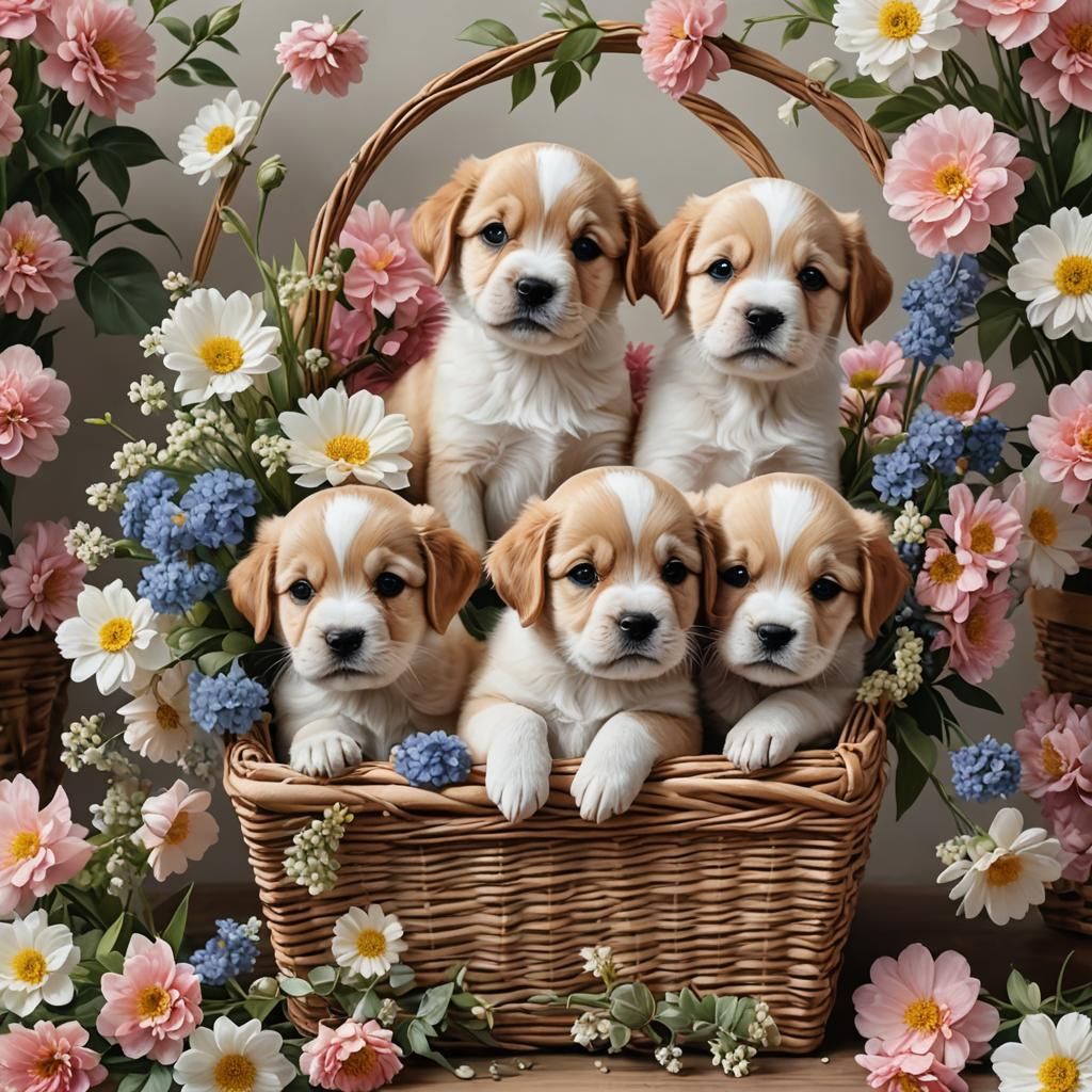 Hyperrealistic Puppies in Flower Basket