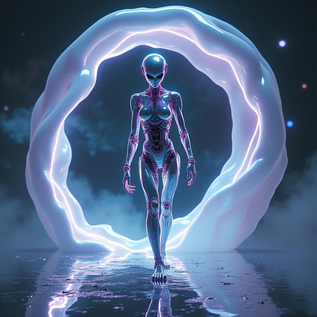 Cybernetic Alien Emerges from Ethereal Portal