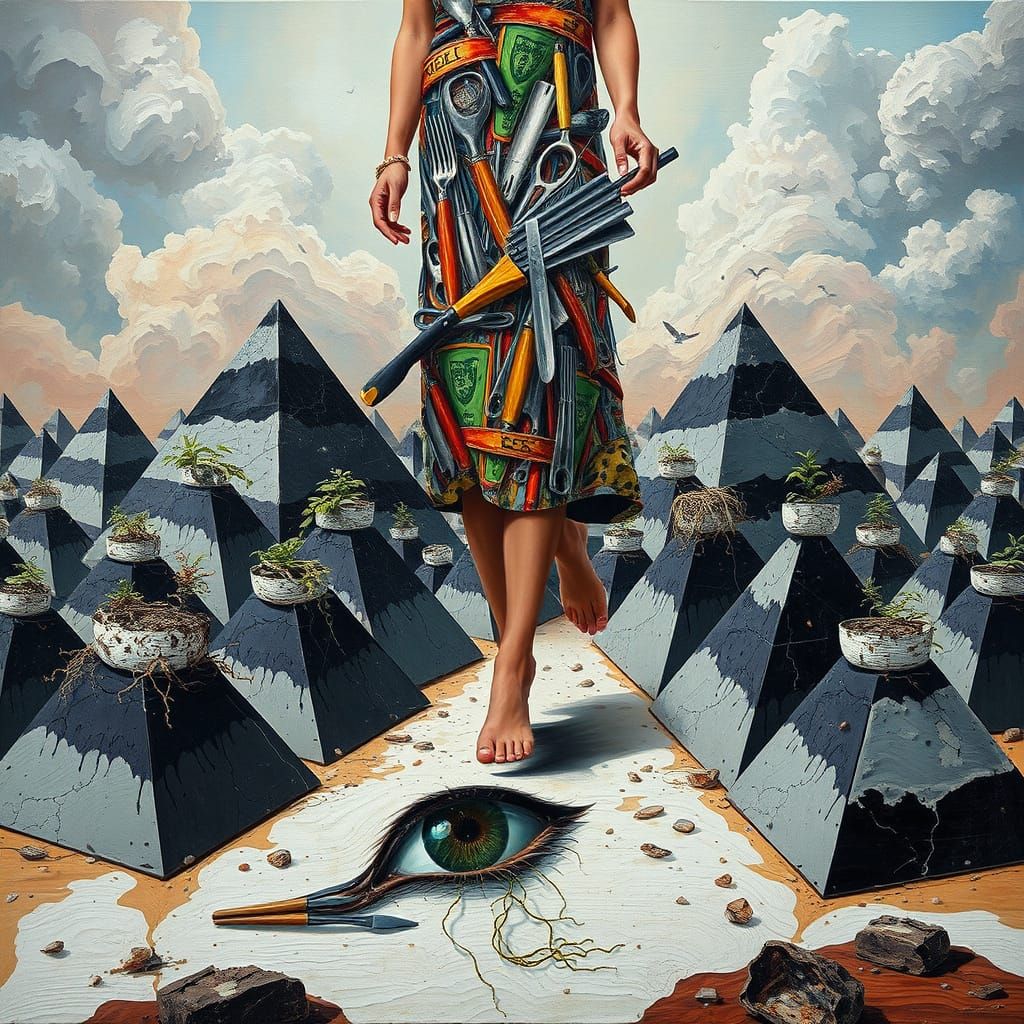 Surreal Kitchen Goddess Emerges from Dreamlike Landscape