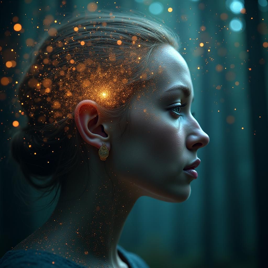 Serene Woman Reprogramming Mind in Botanical Cyberpunk