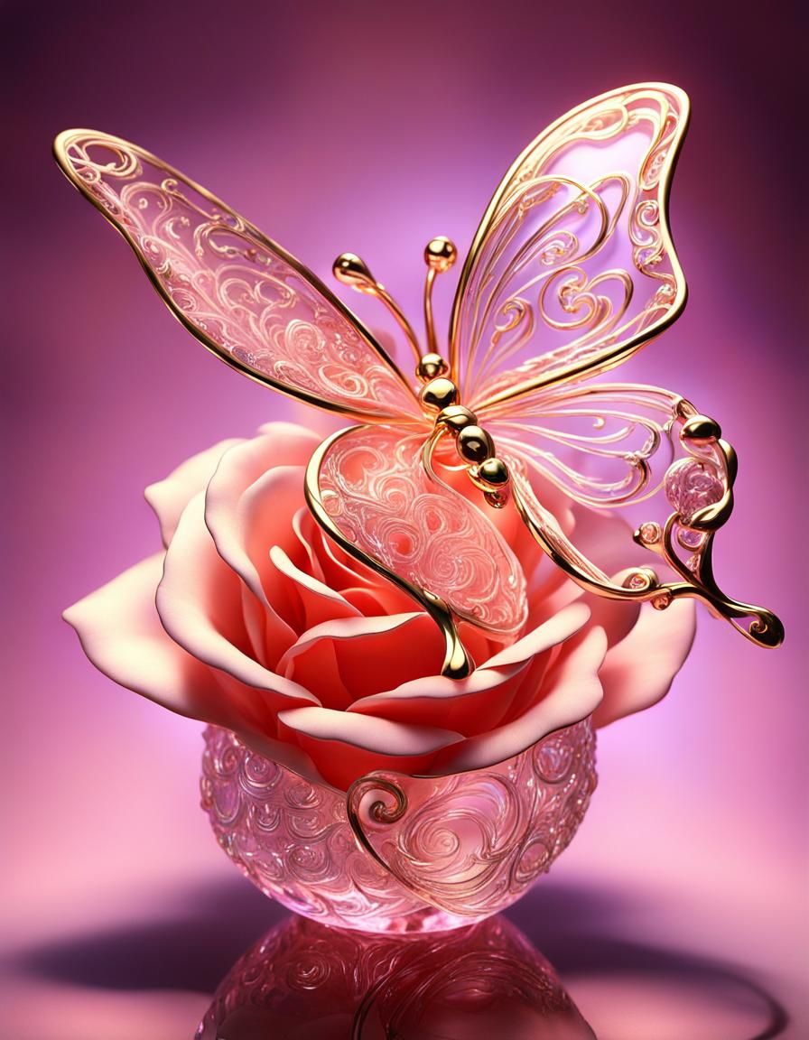 Crystal Rose Sculpture with Luminous Butterfly