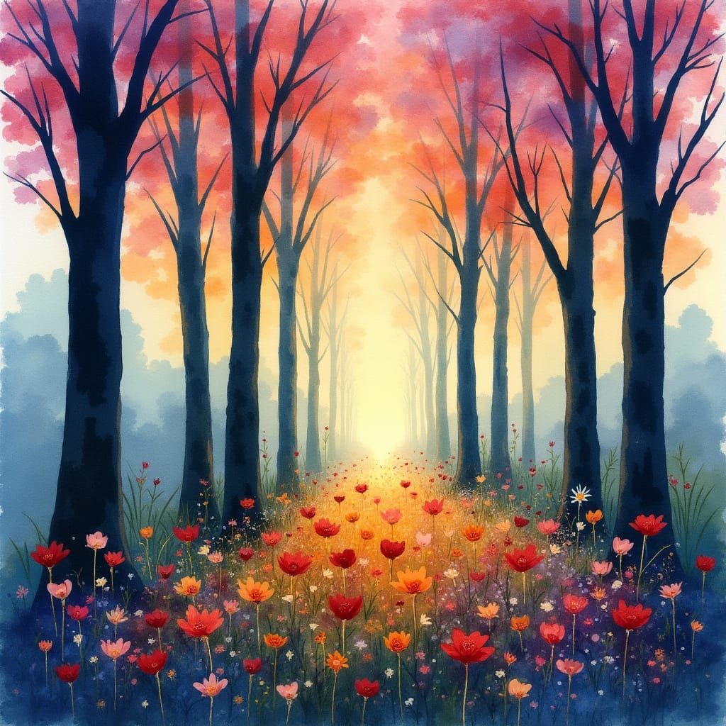 Trees Silhouettes with Blooming Garden in Watercolor Style