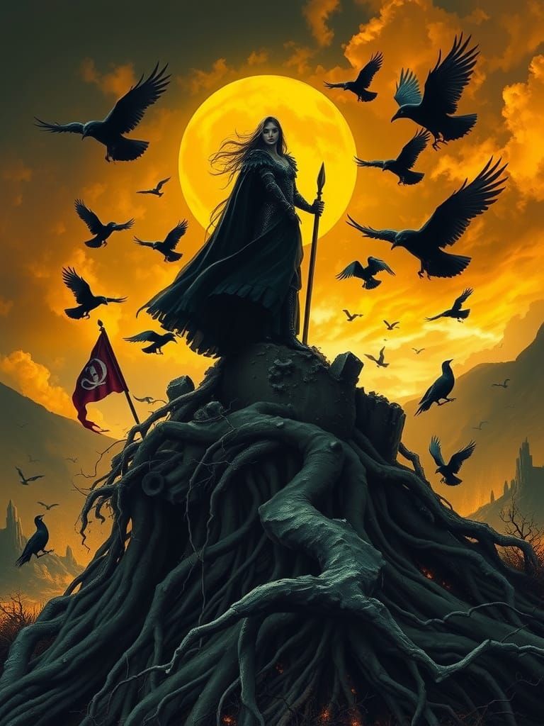 Morrigan, Celtic Goddess of War, Overlooks Battlefield