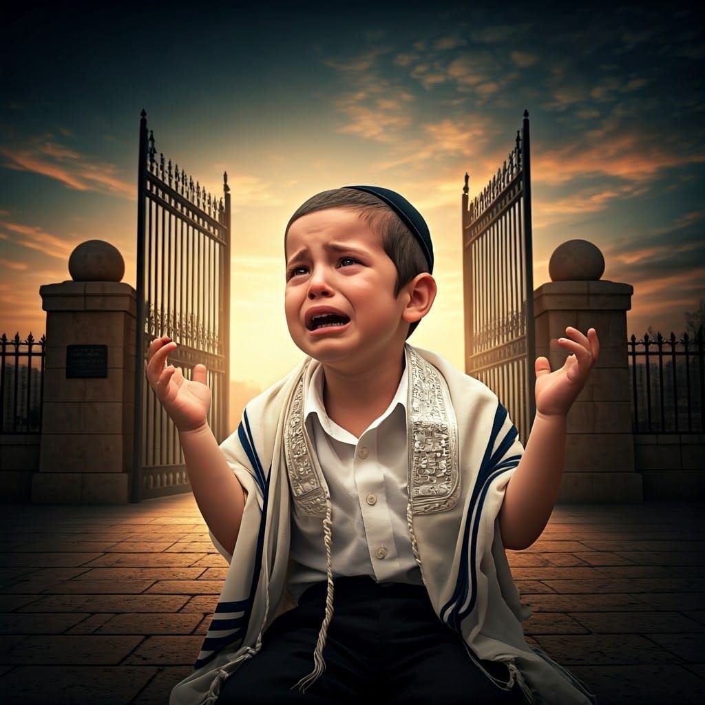 Ultra-Orthodox Boy Reaching for Open Gate: Cinematic Still