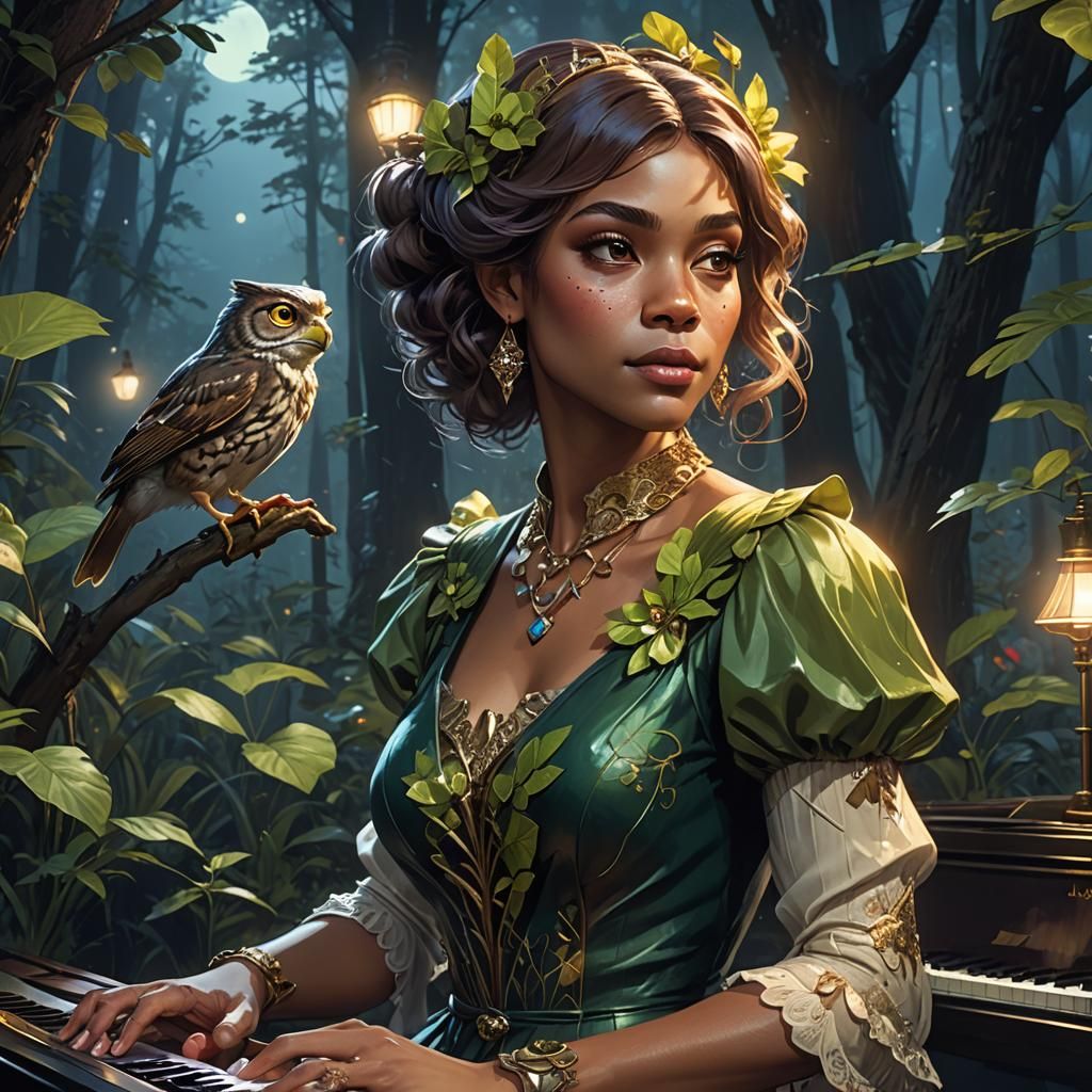 Jazz Owl Singer in Forest Club, Hyperdetailed Art
