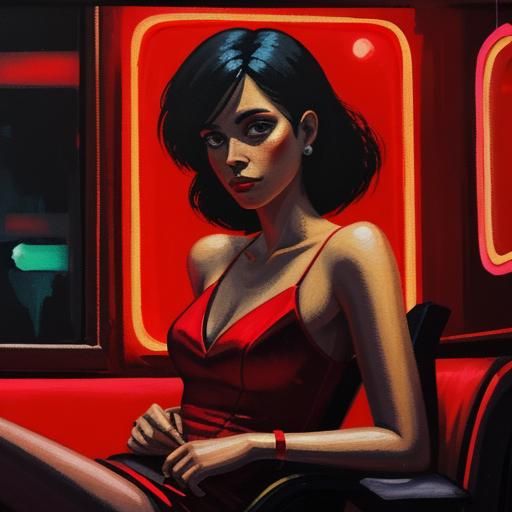 Woman in Red Silk in Smoky Neon Club