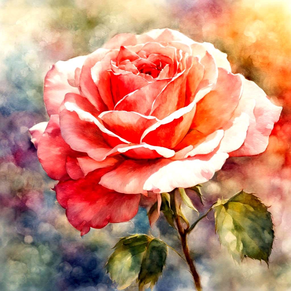 Delicate Watercolor Red Rose in Soft Morning Light