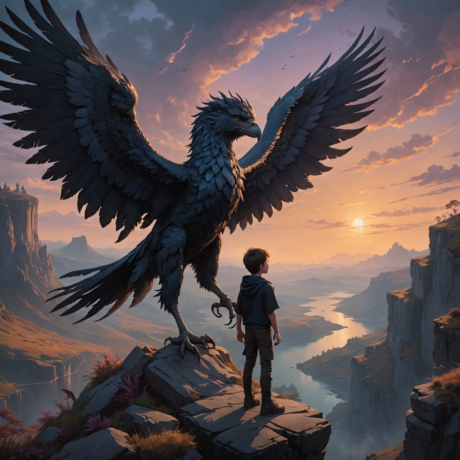 Boy Transforms Into Griffin on Cliff Edge