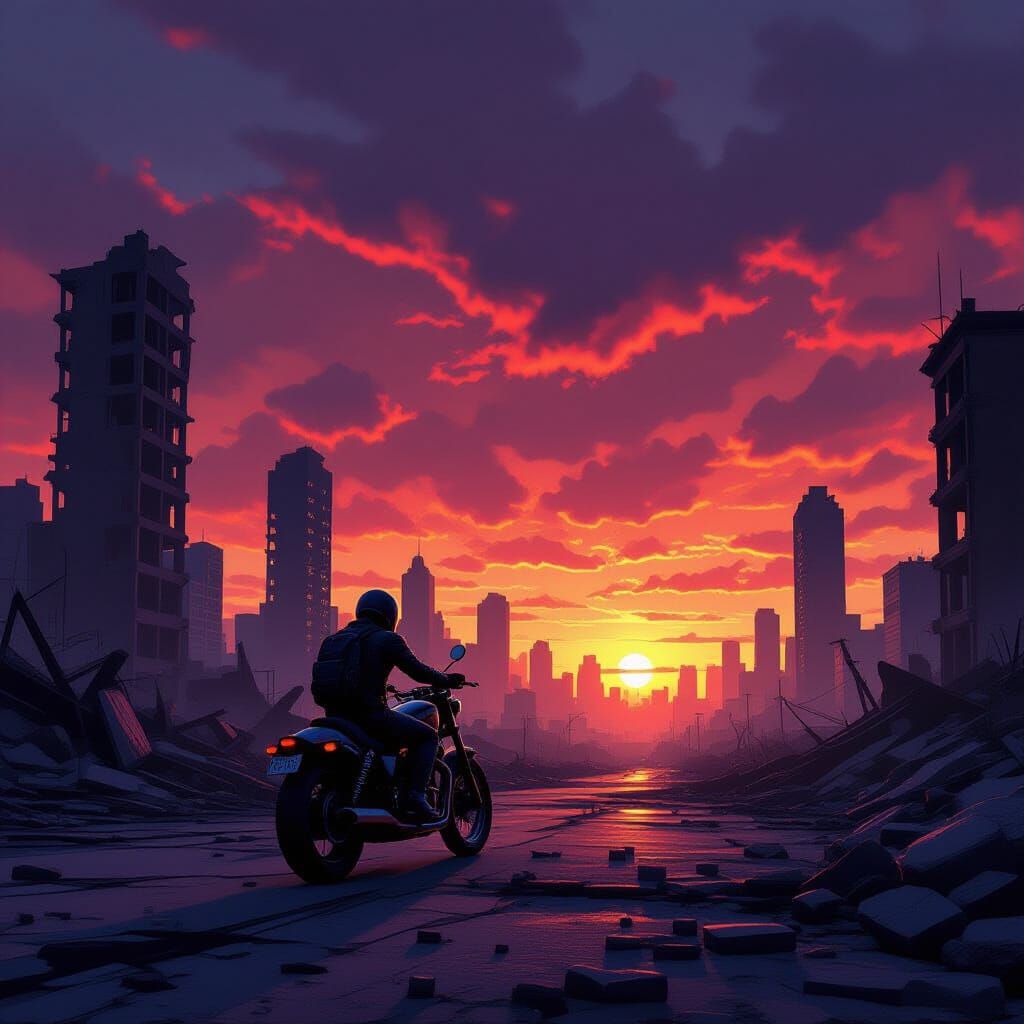 Motorcyclist in Post-Apocalyptic City Ruins