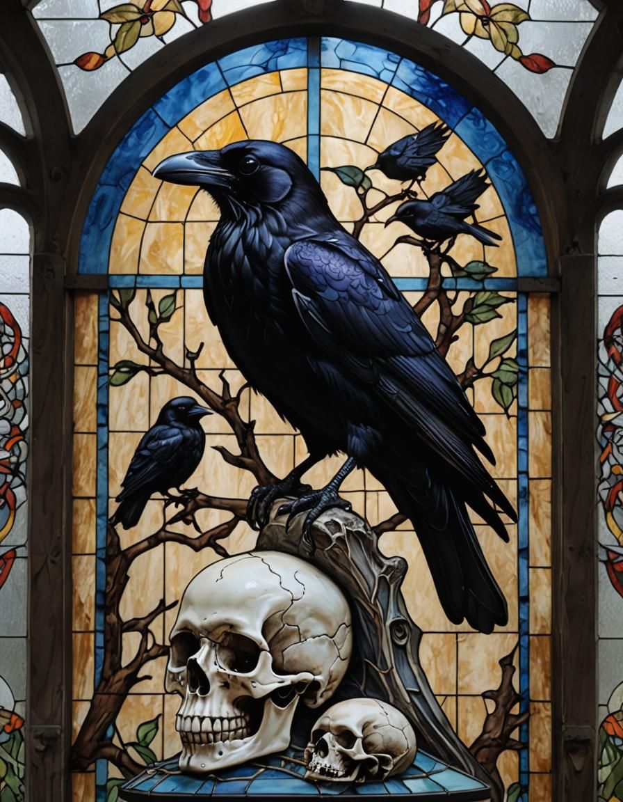 Hyperrealistic Raven on Skull in Stained Glass Style