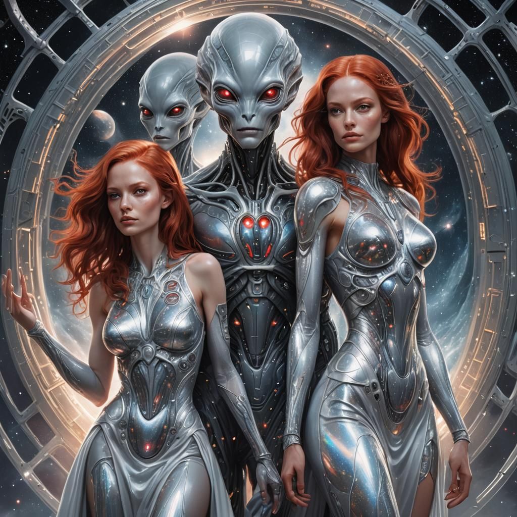 Grey Aliens with Red-Haired Woman: Cosmic Illustration