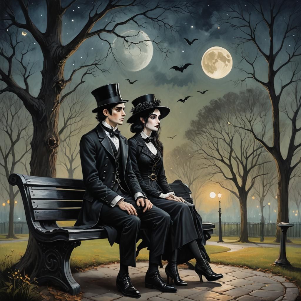 Gothic Couple in Moonlit Park: Chalk Art