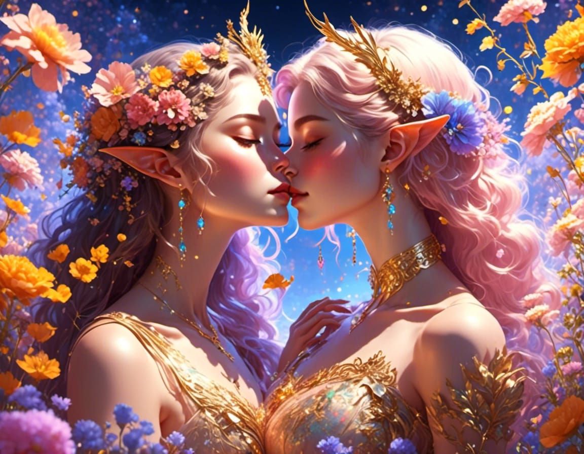 Fae Couple Kissing in a Flowerfield