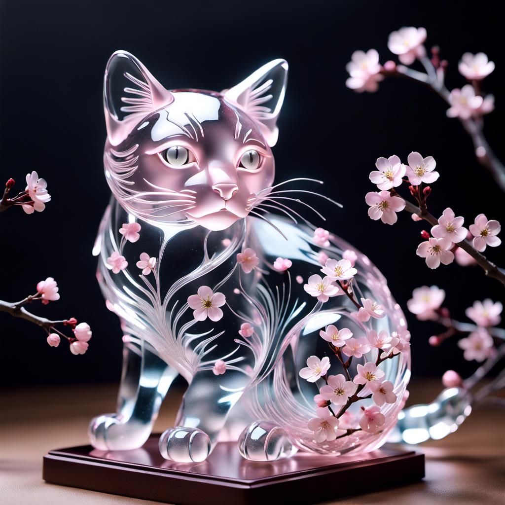 Crystal Cherry Blossom Cat Figurine