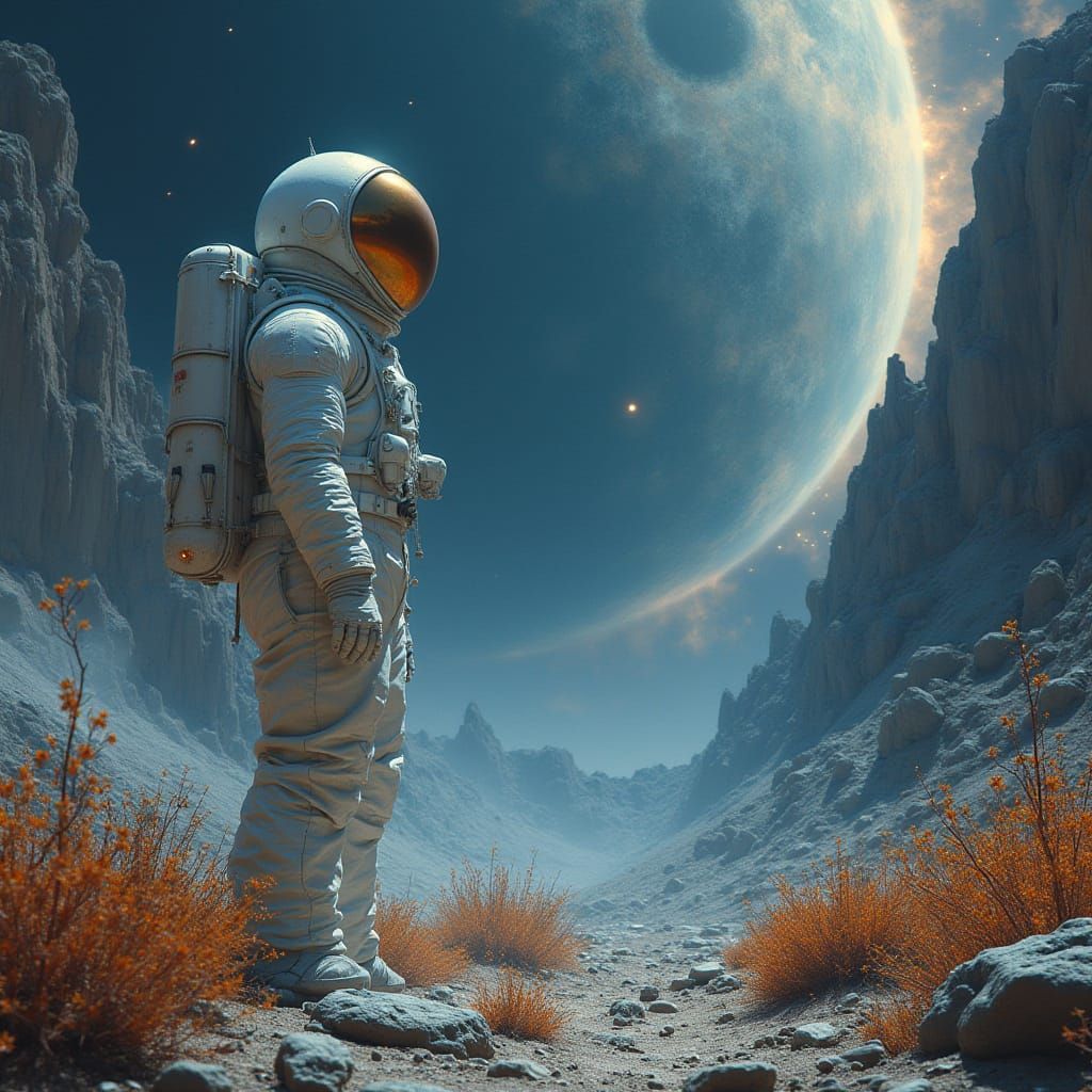 Astronaut on Alien Planet in Futuristic Industrial Style