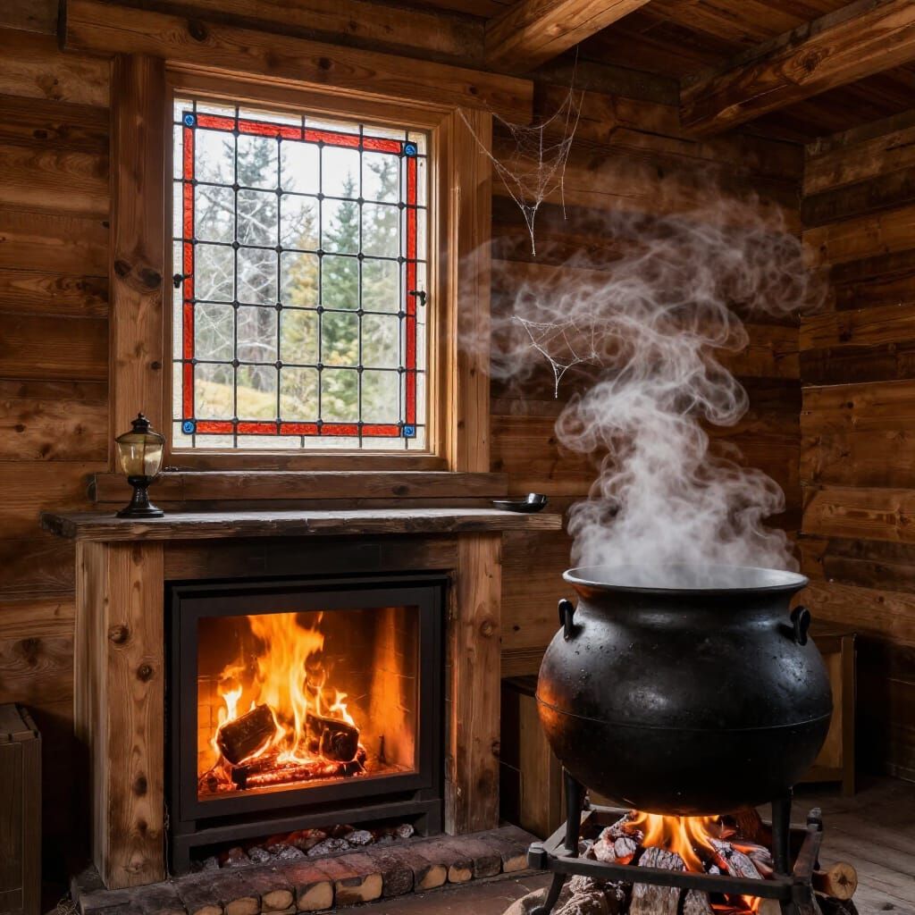 Mystical Wooden Cabin with Fireplace and Cauldron