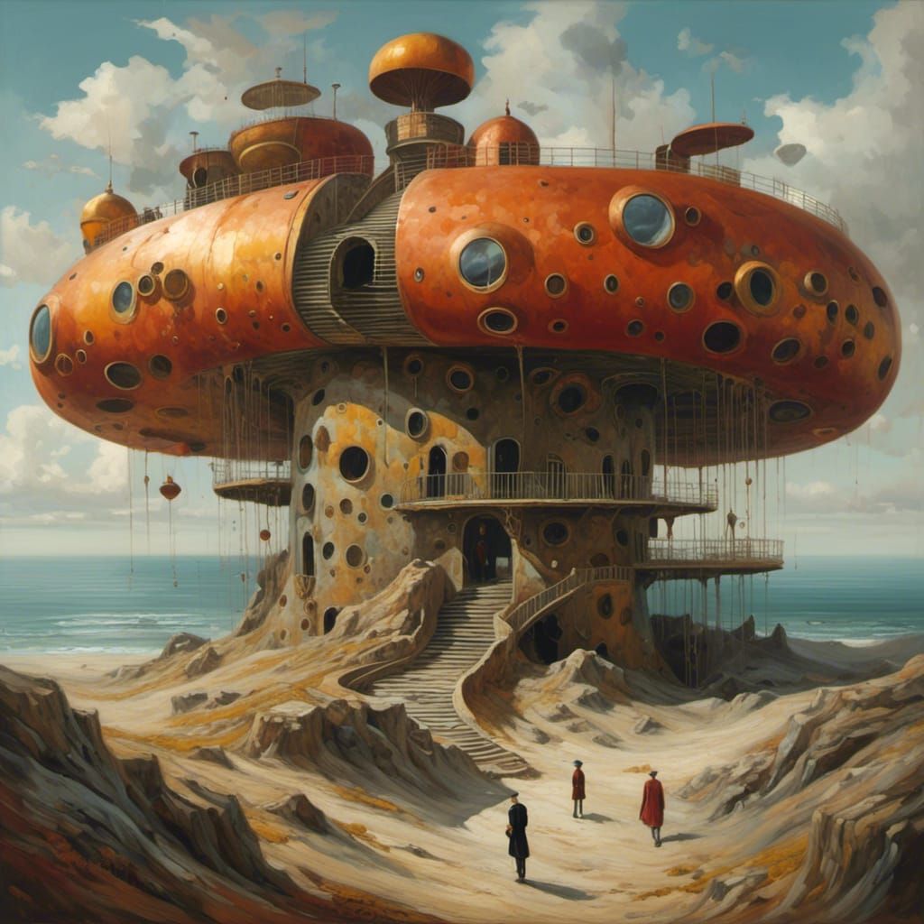 Steampunk Copper Building on Sandy Shore