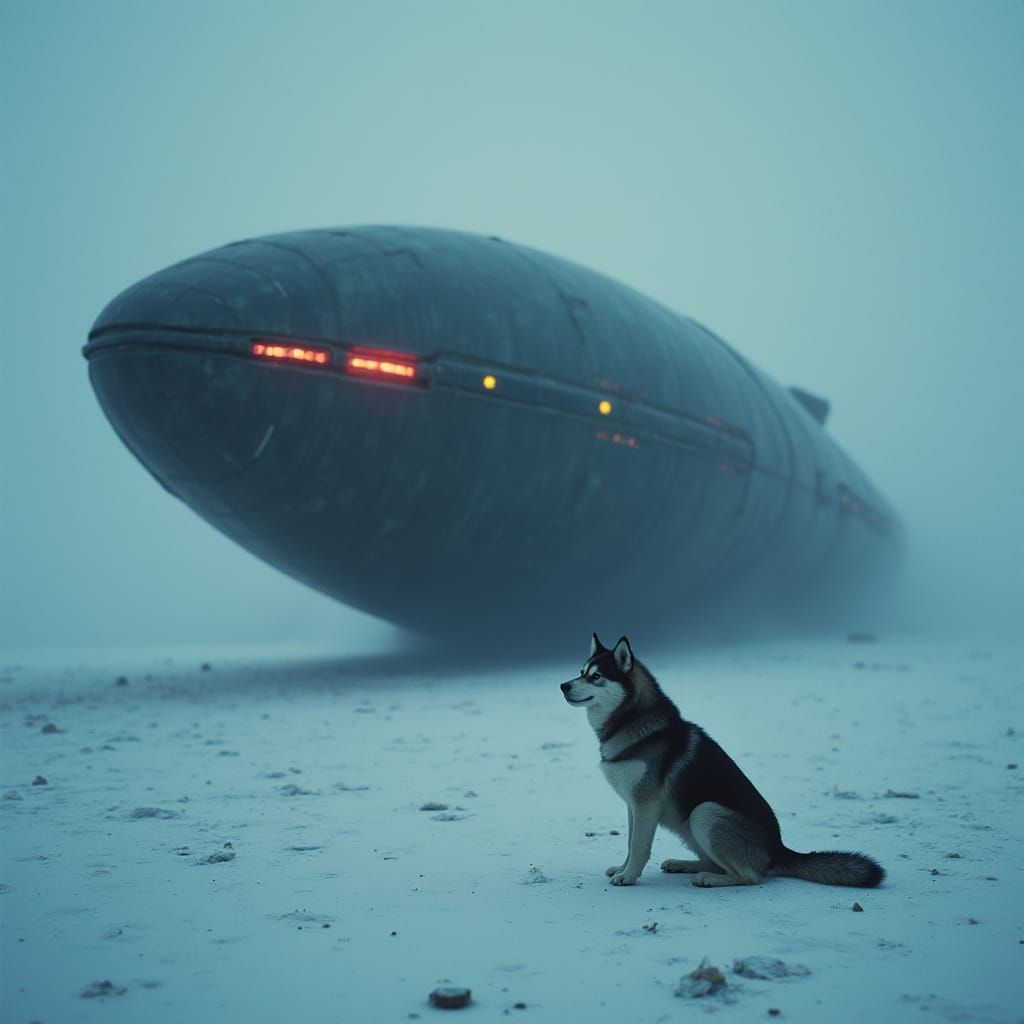 Husky Guarding Alien Spaceship in Icy Landscape